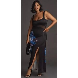 By Anthropologie Floral Slim Maxi Sleeveless‎ Sheer Panel Black Dress Size 24W